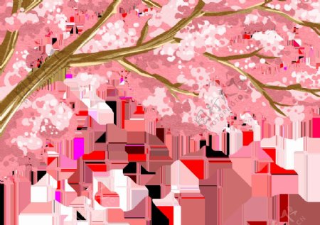 樱花雨粉色插画卡通背景素材