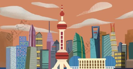 上海城市地标插画卡通背景素材