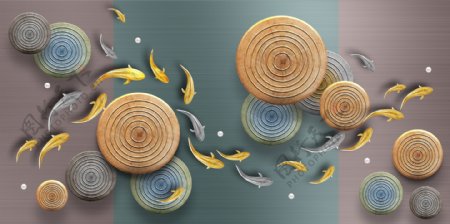 新中式圆盘年轮荷叶鱼群装饰画