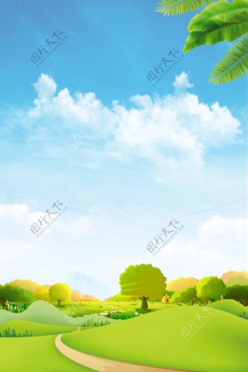 蓝天草坪清新树木插画卡通标语