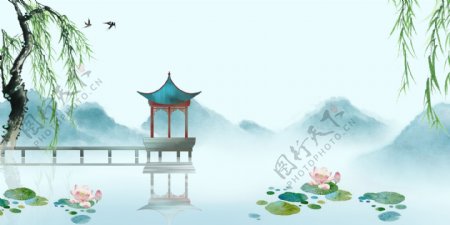 凉亭国风古风传统背景素材