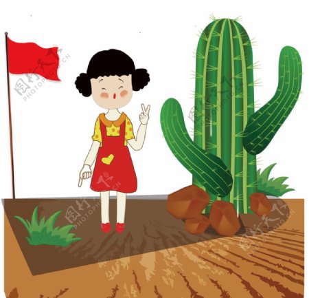 国庆沙漠中旅游的卡通小女孩图片