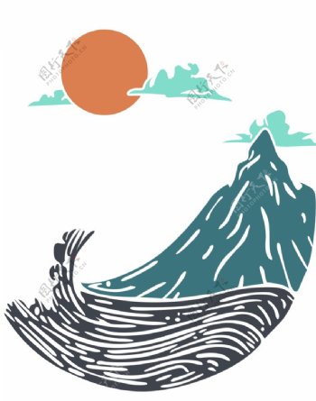 海浪素材高山日出太阳卡通图片