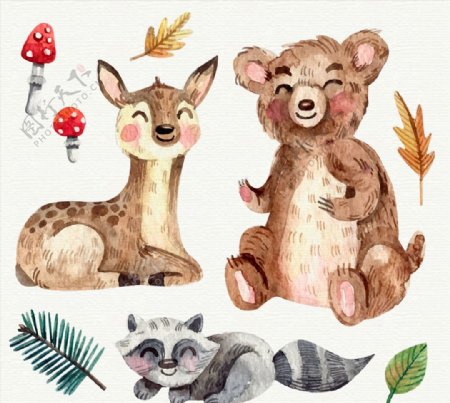 水彩绘微笑森林动物图片