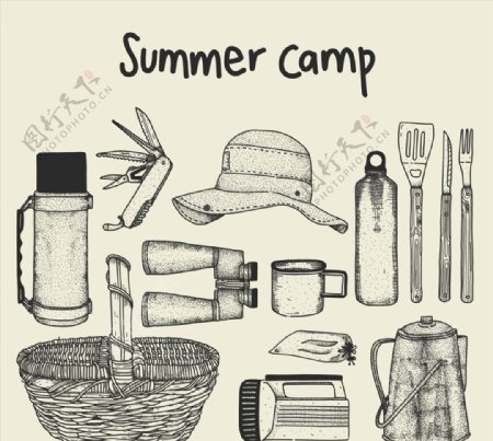 手绘夏季野营物品图片