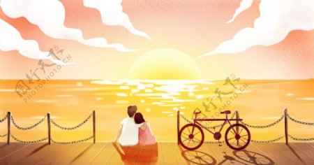 海边日落情侣插画卡通海报素材图片