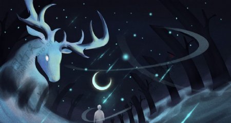 麋鹿梦幻插画卡通背景海报素材图片