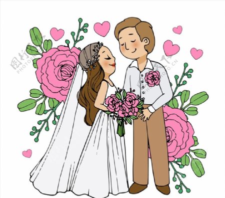 婚礼新人和粉玫瑰图片