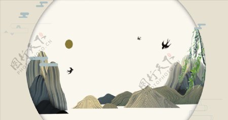 新中式山水鎏金仙鹤背景图片