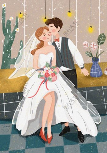 婚礼人物清新插画卡通背景素材图片