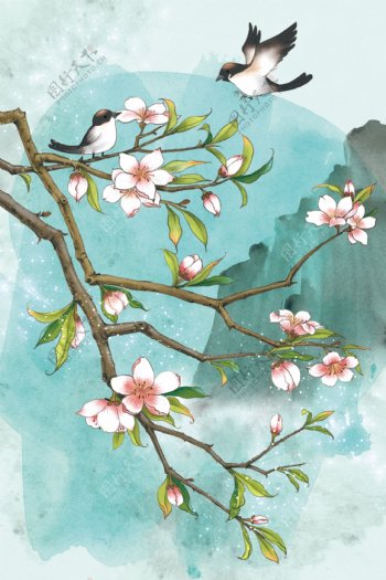 梅花花朵小鸟插画背景海报素材图片