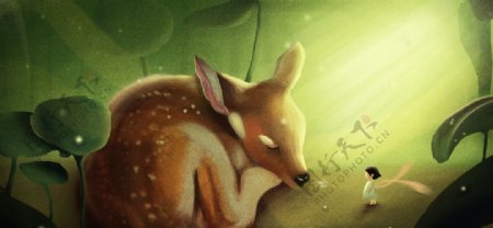 森林小鹿清新插画背景海报素材图片