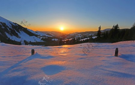 风景山自然雪太阳日出图片