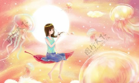 少女女性水母梦幻插画背景素材图片