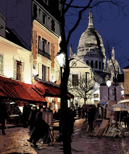 手绘欧洲城市街景图片