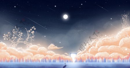 梦幻云朵人物插画背景海报素材图片