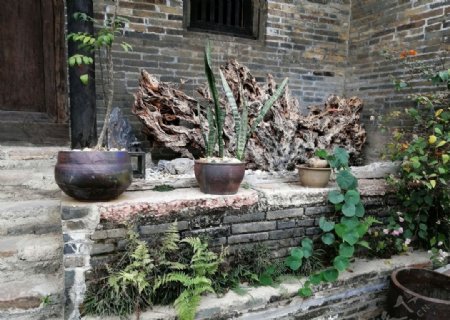 有根雕和盆栽的廊檐图片