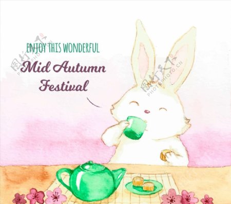 中秋节饮茶兔子图片