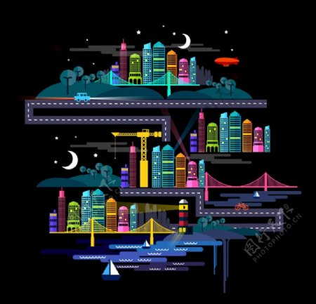 夜晚的城市插画图片