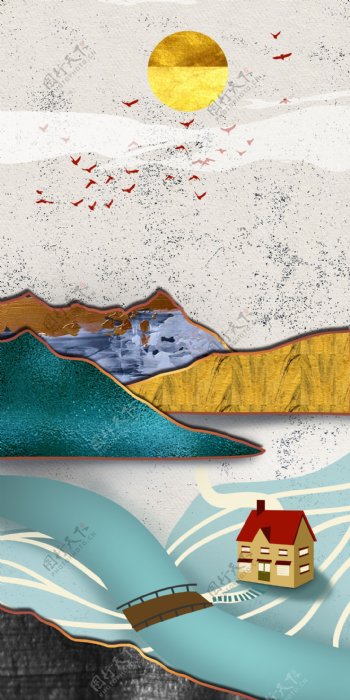 新中式金山水叠峰意境装饰画图片