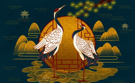 中式仙鹤背景墙图片