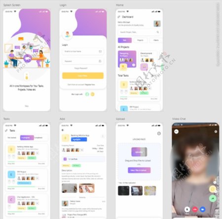 xd社交紫色UI设计启动页登录图片